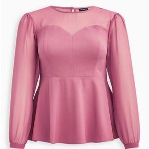 NWT Torrid Pink Sweetheart Peplum Mesh Long Sleeve Babydoll Blouse Size Large